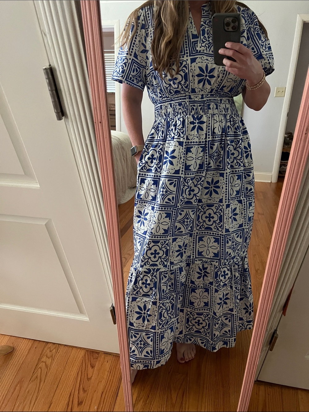 Sugarlips Arbor Tile Belraj Poplin Maxi Dress White/Blue Combo